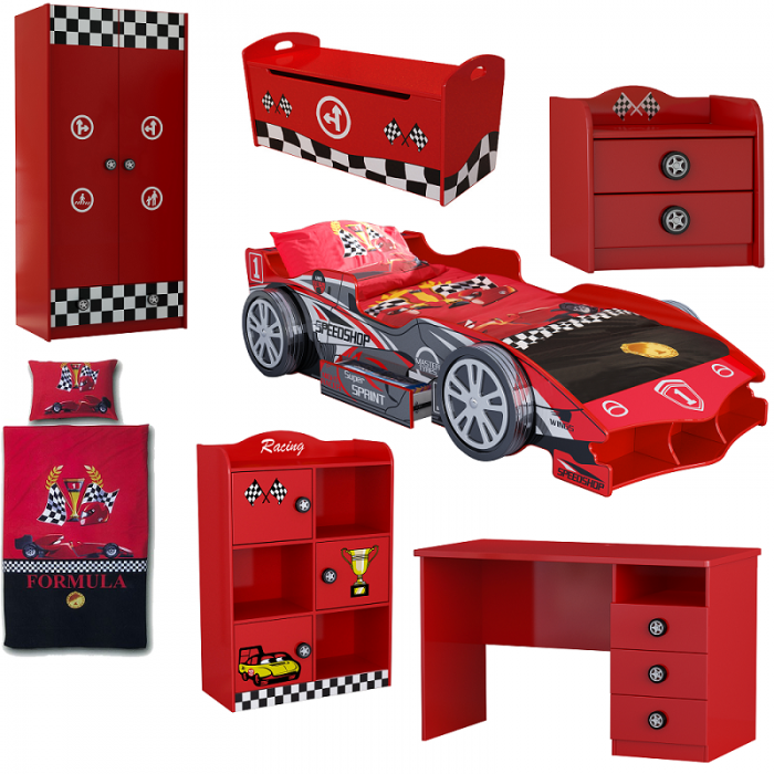 Set Formula 1 Car -7 piese (pat, lenjerie, noptiera, biblioteca, banca, birou, dulap)